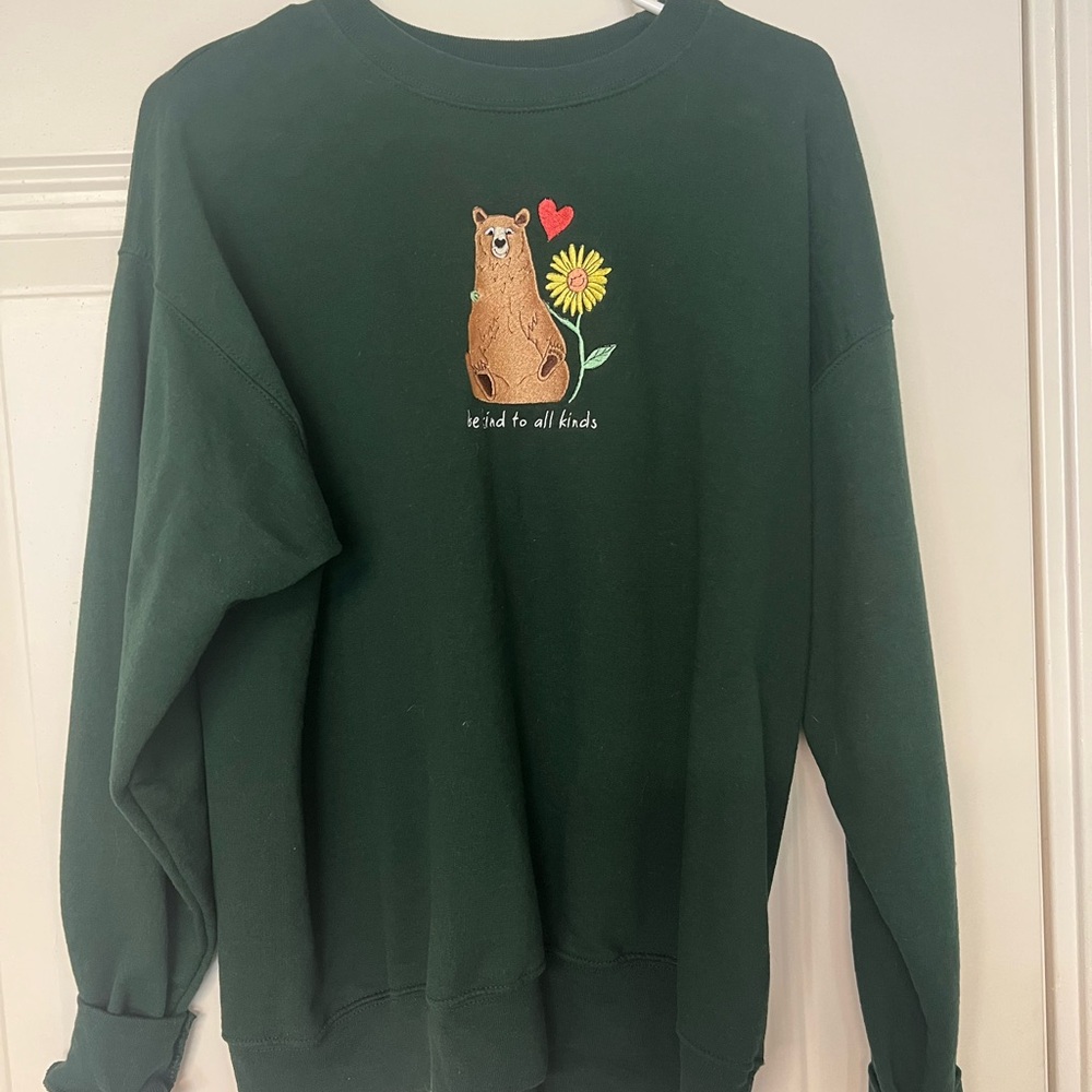 Be kind to all kinds embroidered crewneck forest green unisex size large